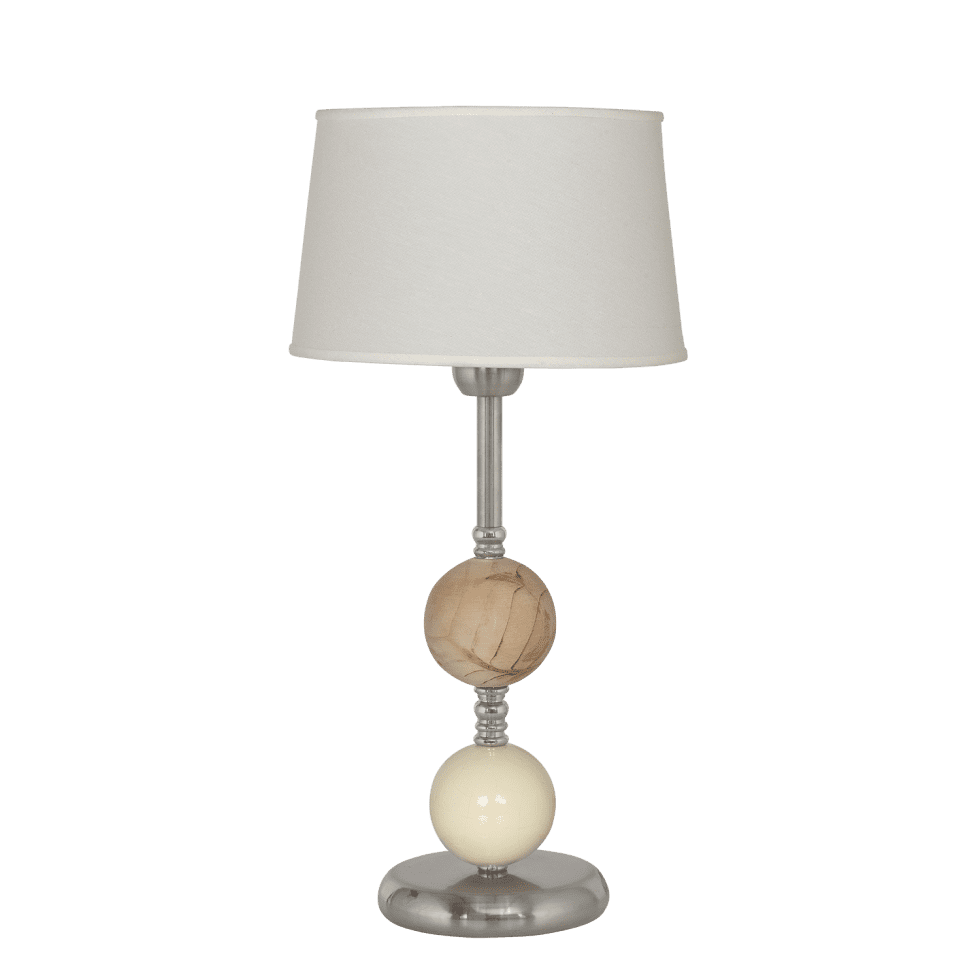 Velador Doble Esfera. E27. Con Pantalla. Platil con detalles en madera.