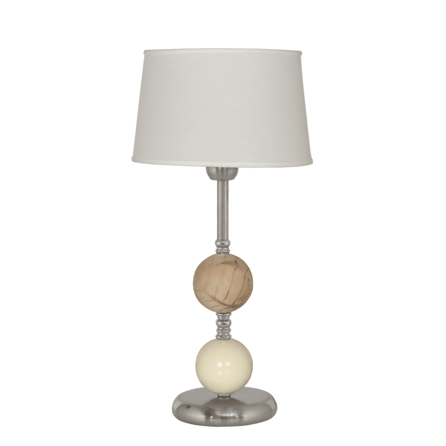 Velador Doble Esfera. E27. Con Pantalla. Platil con detalles en madera.
